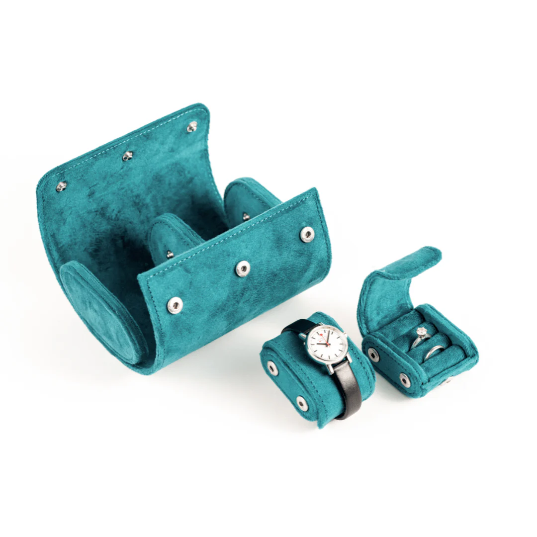 Blue velvet jewellery and watch travel case, JAC.D105
